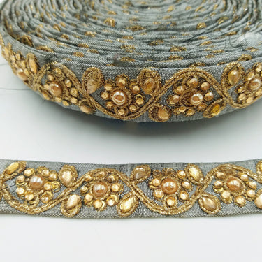 Grey Silk Fabric Lace Trim With Floral Embroidery And Kundan Embellishment, Decorative Sari Trim, Floral Border Trim By Yard